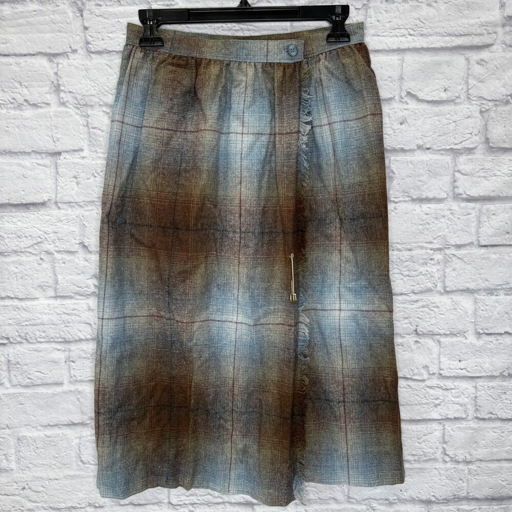 Vintage Personal Wool Wrap Midi Skirt Size S Blue Brown Plaid 70s Fringe New